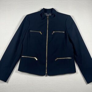 Jones New York Collection Gold Zip Navy Blue Blazer Stretch Womens Size 10